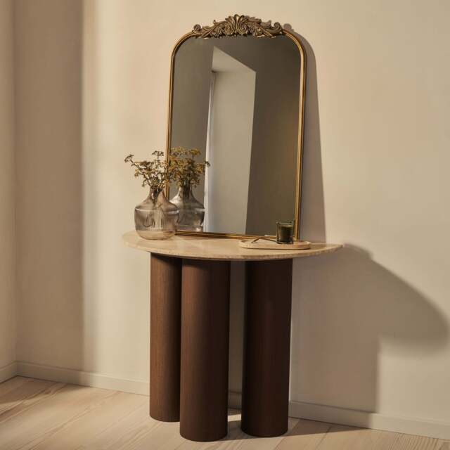 Trivium - Beige Travertine Curved Dark Wood Premium Console Table - image 1