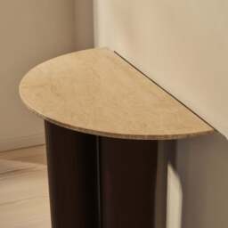 Trivium - Beige Travertine Curved Dark Wood Premium Console Table - thumbnail 4