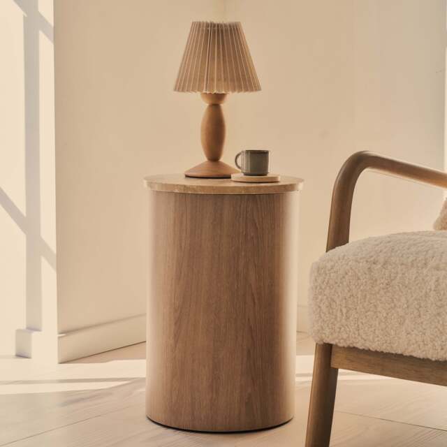 Madison - Beige Travertine Round Washed Wood Side Table - image 1