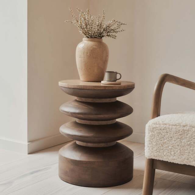 Orinthia - Beige Travertine Round Warm Wood Premium Side Table - image 1
