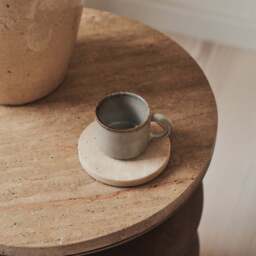 Orinthia - Beige Travertine Round Warm Wood Premium Side Table - thumbnail 4