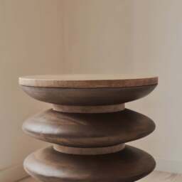 Orinthia - Beige Travertine Round Warm Wood Premium Side Table - thumbnail 6