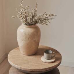 Orinthia - Beige Travertine Round Warm Wood Premium Side Table - thumbnail 5