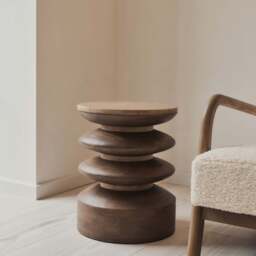 Orinthia - Beige Travertine Round Warm Wood Premium Side Table - thumbnail 2