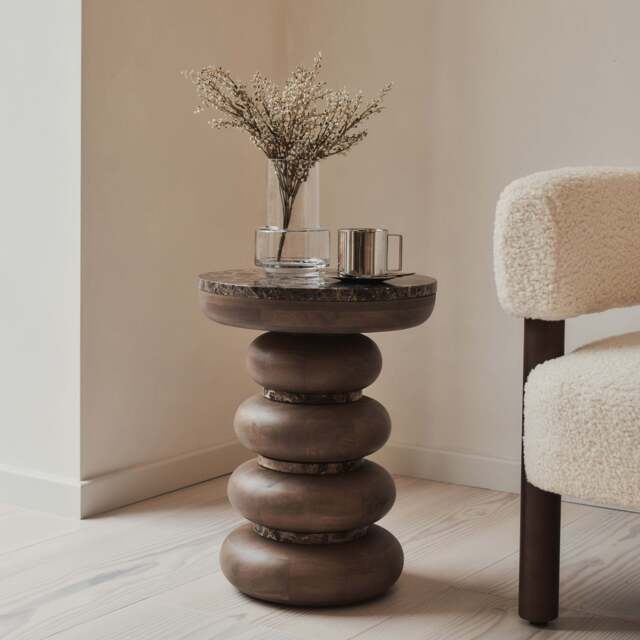 Belgravia - Dark Emperador Marble Round Warm Wood Premium Side Table - image 1