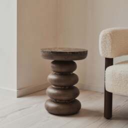 Belgravia - Dark Emperador Marble Round Warm Wood Premium Side Table - thumbnail 2
