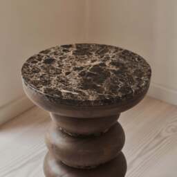 Belgravia - Dark Emperador Marble Round Warm Wood Premium Side Table - thumbnail 3
