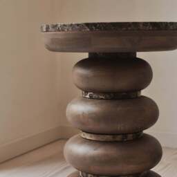 Belgravia - Dark Emperador Marble Round Warm Wood Premium Side Table - thumbnail 4
