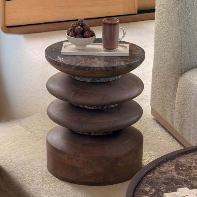 Orinthia - Dark Emperador Marble Round Warm Wood Premium Side Table - image 1