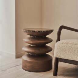 Orinthia - Dark Emperador Marble Round Dark Wood Premium Side Table - thumbnail 3