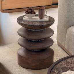 Orinthia - Dark Emperador Marble Round Warm Wood Premium Side Table - thumbnail 1