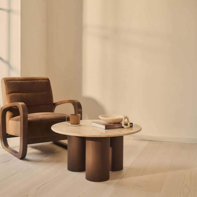 Trivium - Beige Travertine Round Dark Wood Premium Coffee Table - image 1