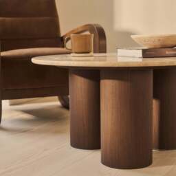 Trivium - Beige Travertine Round Dark Wood Premium Coffee Table - thumbnail 3