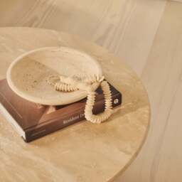 Trivium - Beige Travertine Round Dark Wood Premium Coffee Table - thumbnail 6