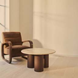 Trivium - Beige Travertine Round Dark Wood Premium Coffee Table - thumbnail 2