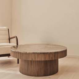 Sloane - Dark Emperador Marble Round Warm Wood Premium Coffee Table - thumbnail 1
