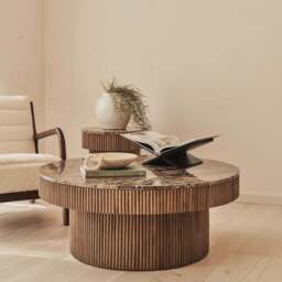Sloane - Dark Emperador Marble Round Warm Wood Premium Coffee Table - thumbnail 2