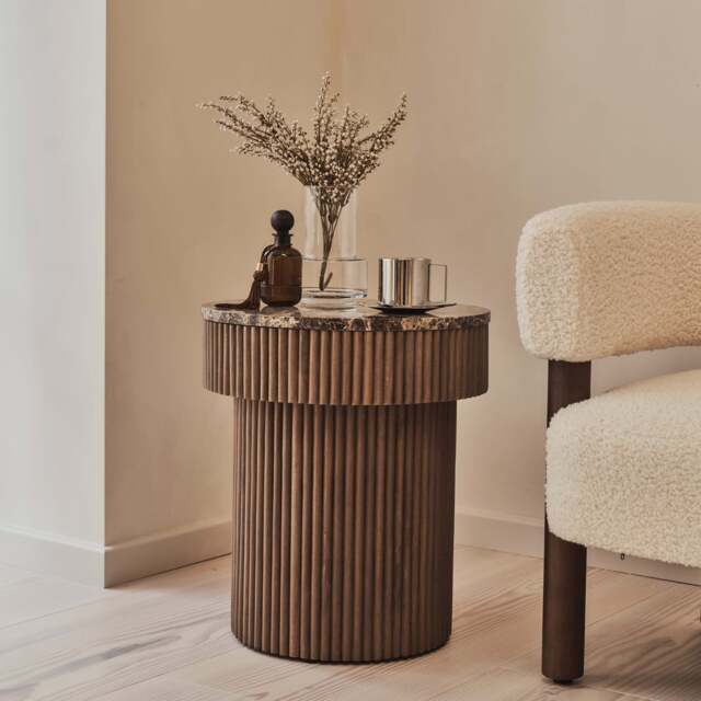 Sloane - Dark Emperador Marble Round Warm Wood Premium Side Table - image 1