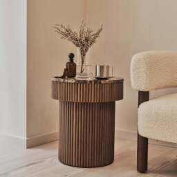 Sloane - Dark Emperador Marble Round Warm Wood Premium Side Table - thumbnail 1