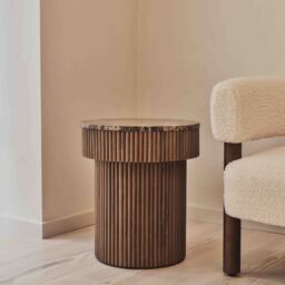 Sloane - Dark Emperador Marble Round Warm Wood Premium Side Table - thumbnail 2