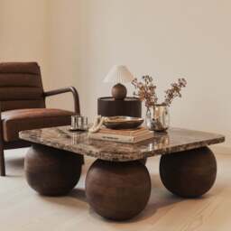 Melrose - Dark Emperador Marble Square Dark Wood Premium Coffee Table - thumbnail 2