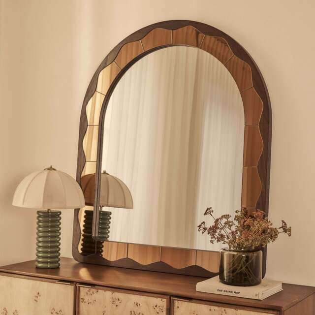 Mirella - Dark Wood Arched Wooden Overmantle Mirror 120cm x 100cm - image 1