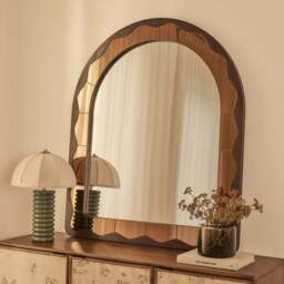 Mirella - Dark Wood Arched Wooden Overmantle Mirror 120cm x 100cm