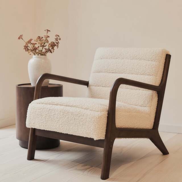 Hudson - Boucle Accent Chair Ivory & Dark Wood - image 1