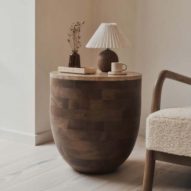 Lyra - Beige Travertine Round Warm Wood Premium Side Table - image 1