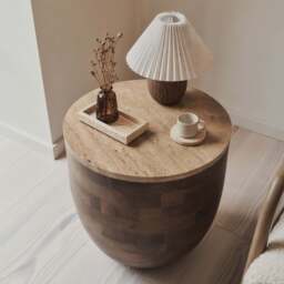Lyra - Beige Travertine Round Warm Wood Premium Side Table - thumbnail 5