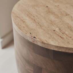 Lyra - Beige Travertine Round Warm Wood Premium Side Table - thumbnail 3