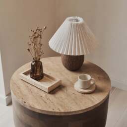 Lyra - Beige Travertine Round Warm Wood Premium Side Table - thumbnail 6
