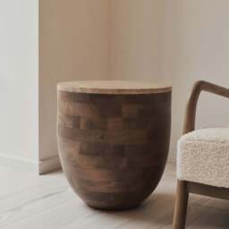 Lyra - Beige Travertine Round Warm Wood Premium Side Table - thumbnail 2