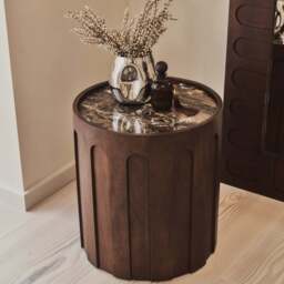 Valor - Dark Emperador Marble Round Dark Wood Premium Side Table - thumbnail 4