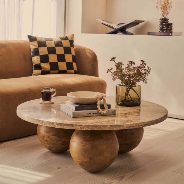 Melrose - Light Emperador Marble Round Warm Wood Premium Coffee Table - image 1