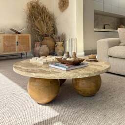 Melrose - Light Emperador Marble Round Warm Wood Premium Coffee Table - thumbnail 2