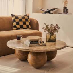 Melrose - Light Emperador Marble Round Warm Wood Premium Coffee Table - thumbnail 1