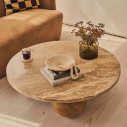 Melrose - Light Emperador Marble Round Warm Wood Premium Coffee Table - thumbnail 4