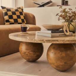 Melrose - Light Emperador Marble Round Warm Wood Premium Coffee Table - thumbnail 6