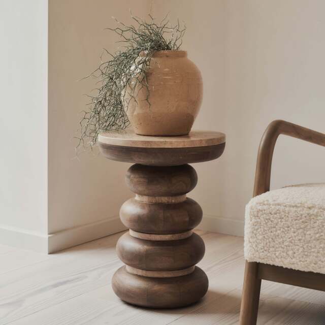 Belgravia - Beige Travertine Round Warm Wood Premium Side Table - image 1