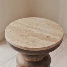 Belgravia - Beige Travertine Round Warm Wood Premium Side Table - thumbnail 5