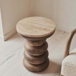 Belgravia - Beige Travertine Round Warm Wood Premium Side Table - thumbnail 4
