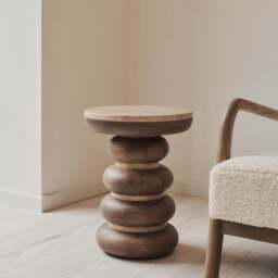 Belgravia - Beige Travertine Round Warm Wood Premium Side Table - thumbnail 2