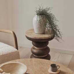 Belgravia - Beige Travertine Round Warm Wood Premium Side Table - thumbnail 6
