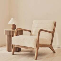 Hudson - Boucle Accent Chair Ivory & Warm Wood - thumbnail 1