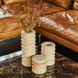 Varella - Large Cream Travertine Ribbed Decorative Vase 25cm - thumbnail 2