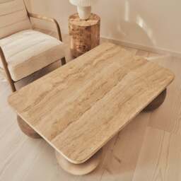 Melrose - Beige Travertine Rectangular Warm Wood Premium Coffee Table - thumbnail 3