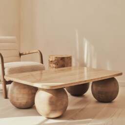 Melrose - Beige Travertine Rectangular Warm Wood Premium Coffee Table