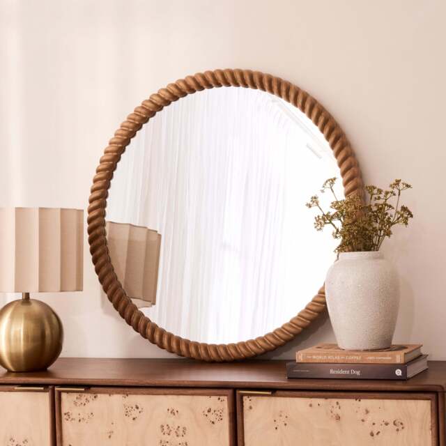 Cordelia - Warm Wood Rope Twist Round Wall Mirror 80cm x 80cm - image 1
