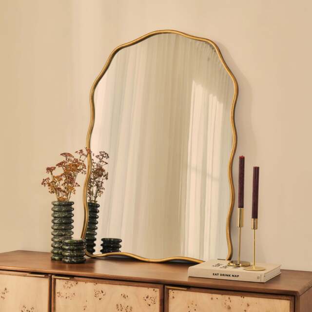 Sabrina - Gold Wavy Arched Metal Overmantle Mirror 100cm x 70cm - image 1